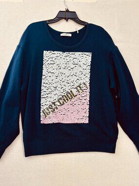 Sandro Paris Navy Flip Sequin Je Suis Cool Sweatshirt 100% Cotton Portugal